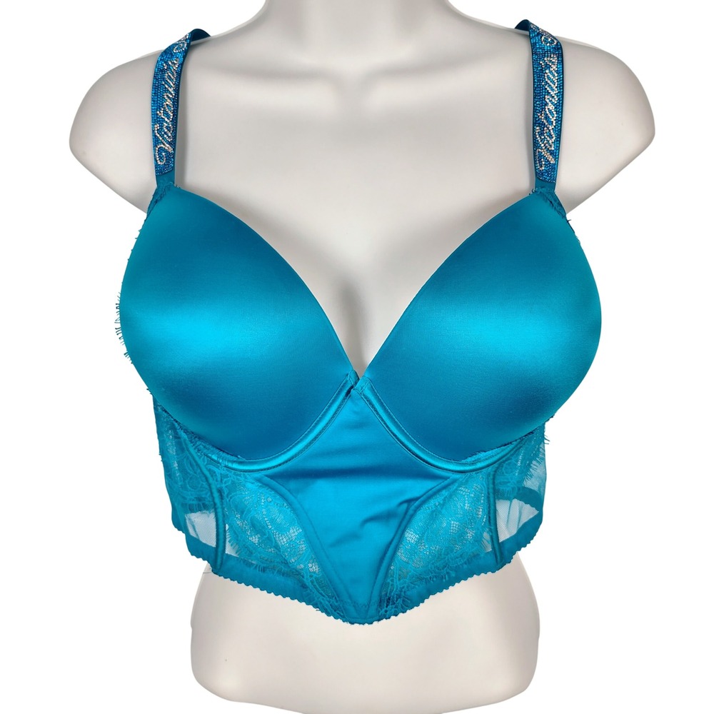 Victorias Secret Very Sexy Push-Up Longline Bra Teal Blue Rhinestone 38DD E85